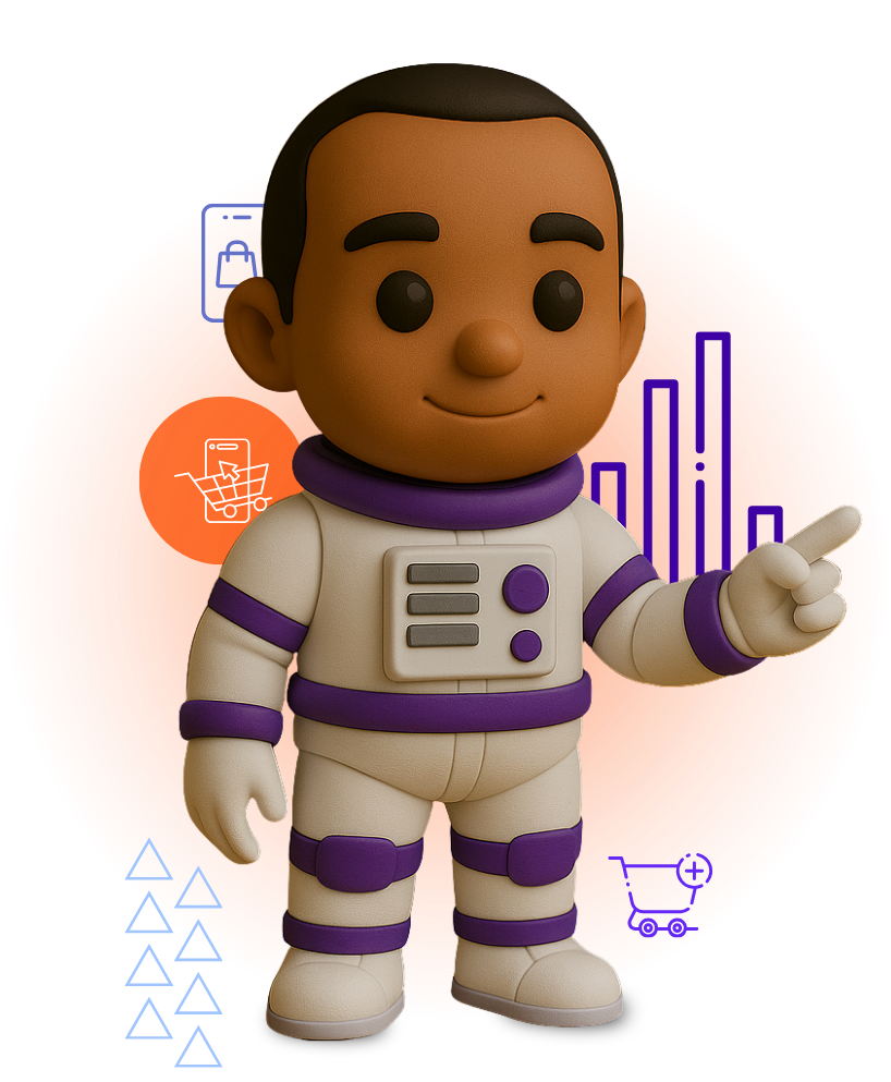 Personaje 3D de hombre en traje espacial beige con detalles púrpura, señalando hacia la derecha, frente a círculo naranja con iconos de ecommerce y gráficas.