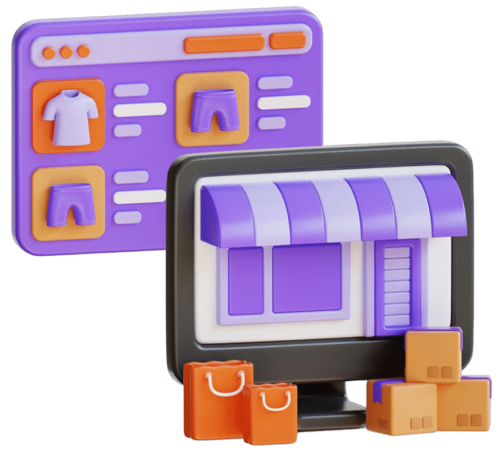 Ilustración 3D de una pantalla de ordenador con fachada de tienda y bolsas y cajas de envío delante, acompañada al fondo por una interfaz de e-commerce con prendas de ropa, representando una tienda online. Select 58 more words to run Humanizer.