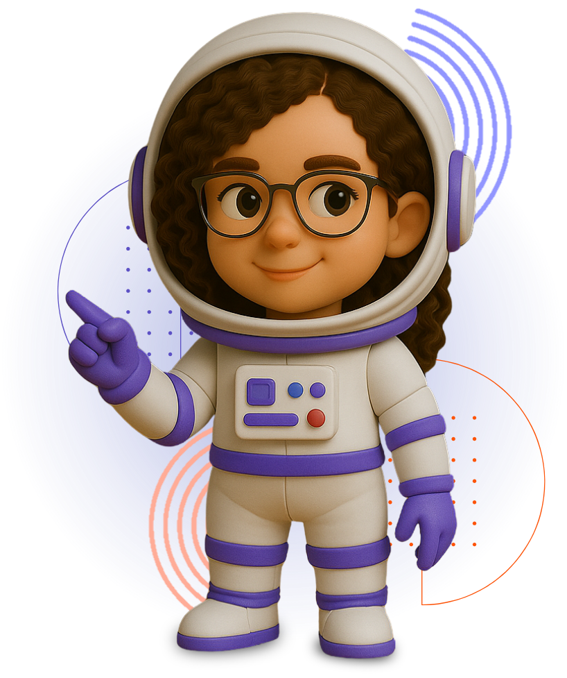 Personaje 3D femenino con gafas y cabello rizado, vestido con traje espacial blanco y morado, señalando hacia la izquierda sobre fondo circular azul con patrones naranjas y púrpura