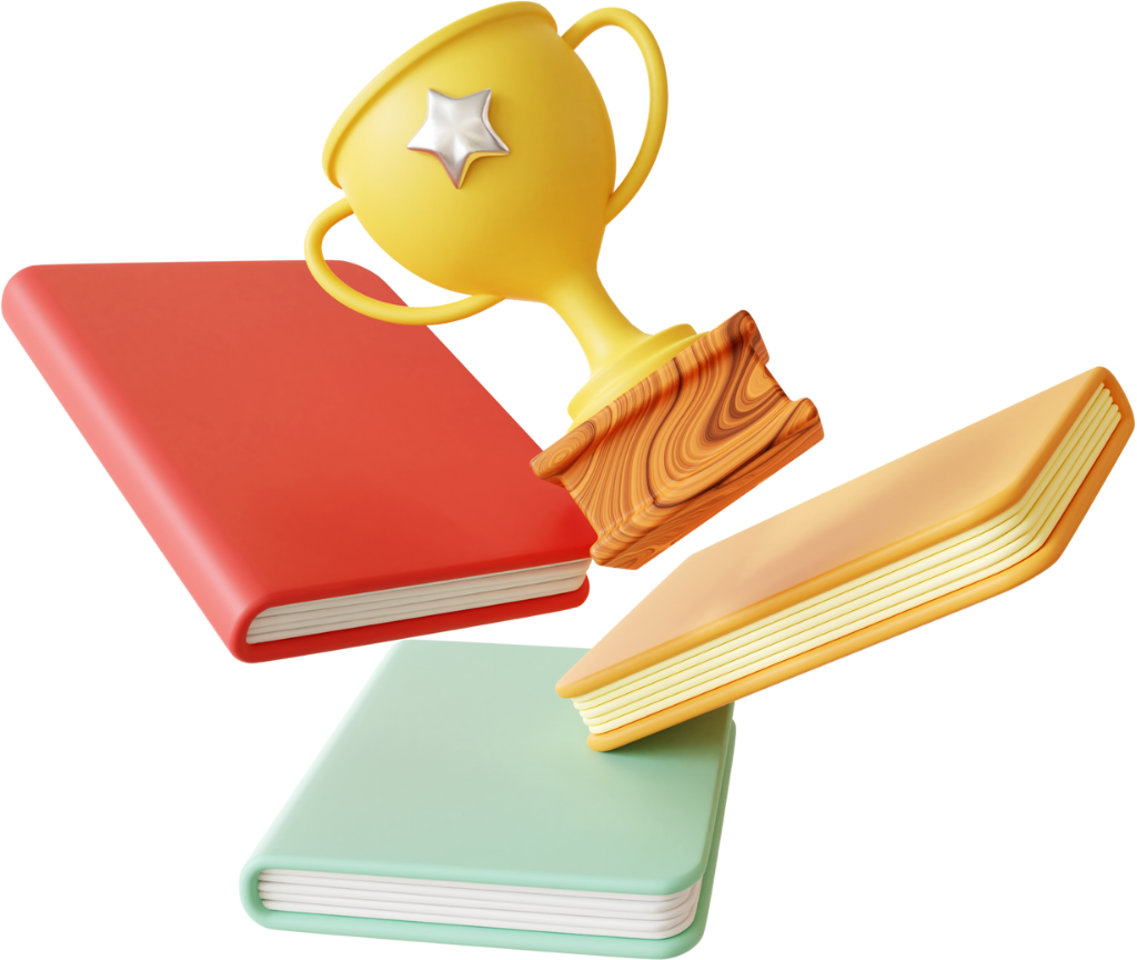 Trofeo dorado con estrella blanca sobre tres libros cerrados de colores rojo, amarillo y verde menta, simbolizando logros académicos.